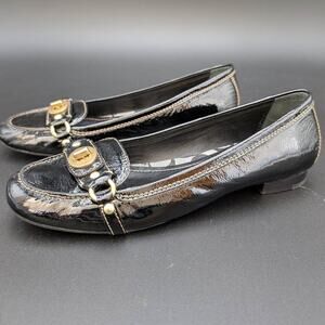Coach Flats Womens 8.5 Black Katrin Crinkle Patent Gold Turnlock Rubber Sole